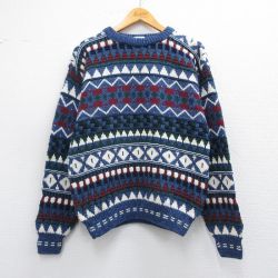 M★古着 長袖 セーター メンズ 90年代 90s コットン クルーネック USA製 紺他 ネイビー 25mar25 中古 ニット トップス