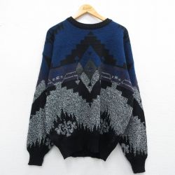 【50%OFF】XL★古着 STEFANO 長袖 セーター メンズ レザー使用 アクリル クルーネック 紺他 ネイビー 25mar25 中古 ニット トップス