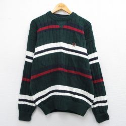 L★古着 トミーヒルフィガー TOMMY HILFIGER 長袖 ブランド セーター メンズ 90年代 90s ワンポイントロゴ コットン クルーネック 緑他 グリーン 25mar25 中古 ニット トップス