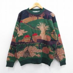 M★古着 長袖 セーター メンズ 90年代 90s 木 カボチャ コットン クルーネック USA製 緑他 グリーン 25mar25 中古 ニット トップス