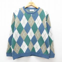 M★古着 長袖 セーター メンズ 90年代 90s アーガイル アクリル クルーネック USA製 薄紺他 ネイビー 25mar27 中古 ニット トップス