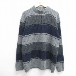 XL★古着 長袖 セーター メンズ 90年代 90s モックネック ハイネック USA製 グレー他 ボーダー 25mar28 中古 ニット トップス