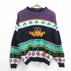 【50%OFF】XL★古着 ブラーニー 長袖 セーター メンズ 80年代 80s ハート クローバー アクリル クルーネック アイルランド製 濃紺他 ネイビー 【spe】 25mar28 中古 ニット トップス