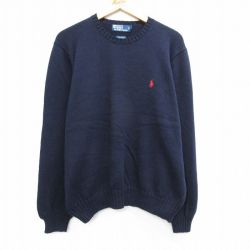 XL★古着 ラルフローレン Ralph Lauren 長袖 ブランド セーター メンズ 90年代 90s ワンポイントロゴ 大きいサイズ コットン クルーネック 紺 ネイビー 25mar28 中古 ニット トップス