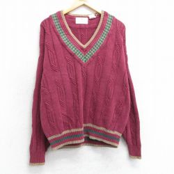 【20%OFF】XL★古着 長袖 ケーブル チルデン セーター メンズ 大きいサイズ Vネック エンジ 25apr01 中古 ニット トップス