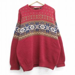 L★古着 長袖 ノルディック セーター メンズ 90年代 90s 雪柄 コットン クルーネック 赤他 レッド 25apr01 中古 ニット トップス