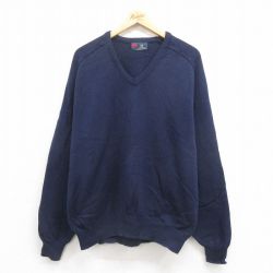 【20%OFF】XL★古着 長袖 セーター メンズ 90年代 90s 無地 コットン ラグラン Vネック 紺 ネイビー 25aug30 中古 ニット トップス