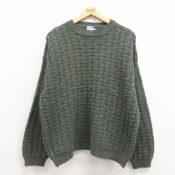 XL★古着 長袖 ケーブル セーター メンズ 90年代 90s コットン クルーネック USA製 緑 グリーン 25aug30 中古 ニット トップス