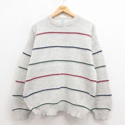 XL★古着 長袖 セーター メンズ 90年代 90s コットン クルーネック USA製 グレー 霜降り ボーダー 25aug30 中古 ニット トップス