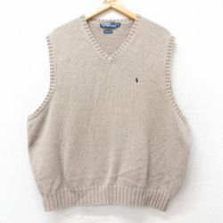 XL★古着 ラルフローレン Ralph Lauren ブランド ニット ベスト メンズ 90年代 90s ワンポイントロゴ 大きいサイズ コットン ベージュ系 カーキ 25sep03 中古 トップス