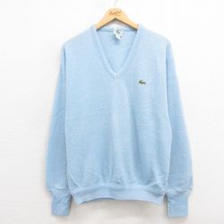 L★古着 ラコステ LACOSTE IZOD 長袖 ブランド セーター メンズ 90年代 90s ワンポイントロゴ アクリル Vネック USA製 水色 25sep04 中古 ニット トップス