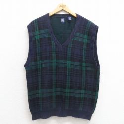 M★古着 ギャップ GAP ニット ベスト メンズ 90年代 90s コットン Vネック 濃紺他 ネイビー チェック 【spe】 25sep05 中古 トップス