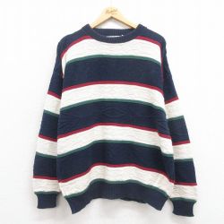 XL★古着 長袖 セーター メンズ 90年代 90s ネイティブ柄 ラグ柄 コットン クルーネック USA製 濃紺他 ネイビー 25sep05 中古 ニット トップス