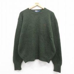 L★古着 ラルフローレン Ralph Lauren 長袖 ブランド セーター メンズ 90年代 90s ワンポイントロゴ コットン クルーネック 緑 グリーン 【spe】 25sep06 中古 ニット トップス