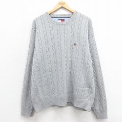 XL★古着 トミーヒルフィガー TOMMY HILFIGER 長袖 ブランド ケーブル セーター メンズ 90年代 90s ワンポイントロゴ 大きいサイズ コットン クルーネック グレー 25sep06 中古 ニット トップス