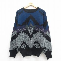 【50%OFF】90s 長袖セーター ネイティブ柄 ネイビー M | 古着