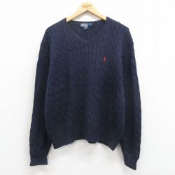 XL★古着 ラルフローレン Ralph Lauren 長袖 ブランド ケーブル セーター メンズ 90年代 90s ワンポイントロゴ コットン Vネック 紺 ネイビー 25sep06 中古 ニット トップス