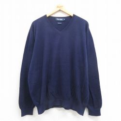 XL★古着 ラルフローレン Ralph Lauren ポロゴルフ 長袖 ブランド セーター メンズ 90年代 90s 無地 コットン Vネック 紺 ネイビー 25sep06 中古 ニット トップス