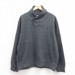 XL★古着 ラルフローレン Ralph Lauren 長袖 ブランド セーター メンズ 90年代 90s ワンポイントロゴ 大きいサイズ ヒジ当てレザー使用 コットン ショールカラー グレー 【spe】 25sep06 中古 ニット トップス