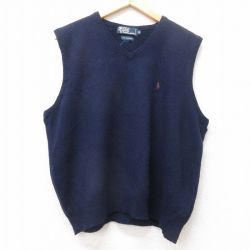 XL★古着 ラルフローレン Ralph Lauren ブランド ニット ベスト メンズ 90年代 90s ワンポイントロゴ ラムウール Vネック 紺 ネイビー 25sep09 中古 トップス