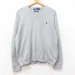 L★古着 ラルフローレン Ralph Lauren 長袖 ブランド セーター メンズ 90年代 90s ワンポイントロゴ コットン Vネック グレー 25sep09 中古 ニット トップス