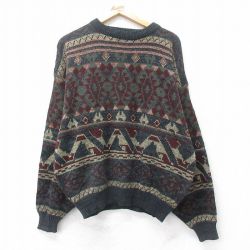 L★古着 シアーズ 長袖 セーター メンズ 90年代 90s ネイティブ柄 ラグ柄 アクリル クルーネック 濃緑他 グリーン 25sep11 中古 ニット トップス