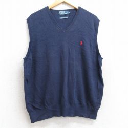 L★古着 ラルフローレン Ralph Lauren ブランド ニット ベスト メンズ 90年代 90s ワンポイントロゴ コットン Vネック 紺 ネイビー 25sep12 中古 トップス