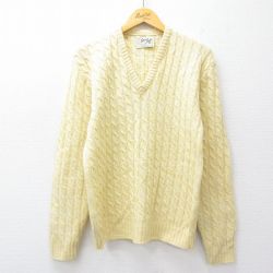 S★古着 長袖 ケーブル セーター メンズ 80年代 80s アクリル Vネック USA製 生成り 25sep20 中古 ニット トップス