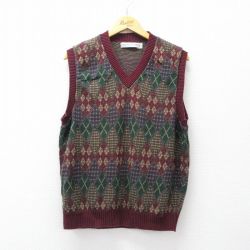 M★古着 ニット ベスト メンズ 90年代 90s アーガイル コットン Vネック USA製 エンジ他 25sep20 中古 トップス