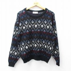 L★古着 長袖 セーター メンズ 90年代 90s 総柄 アクリル クルーネック USA製 黒他 ブラック 25sep20 中古 ニット トップス