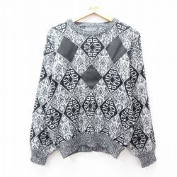 M★古着 長袖 セーター メンズ 90年代 90s 総柄 レザー使用 アクリル クルーネック グレー他 25sep26 中古 ニット トップス