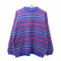L★古着 エディーバウアー 長袖 セーター メンズ 90年代 90s フェアアイル クルーネック 紺他 ネイビー 【spe】 25sep26 中古 ニット トップス