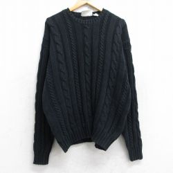 XL★古着 長袖 ケーブル セーター メンズ 90年代 90s コットン クルーネック 黒 ブラック 25sep27 中古 ニット トップス