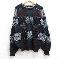 XL★古着 長袖 セーター メンズ 90年代 90s レザー使用 アクリル クルーネック 黒他 ブラック 25sep27 中古 ニット トップス