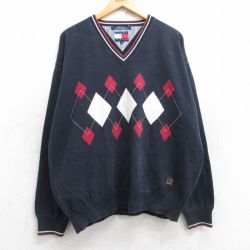 XL★古着 トミーヒルフィガー TOMMY HILFIGER 長袖 ブランド セーター メンズ 90年代 90s アーガイル ワンポイントロゴ コットン Vネック 紺 ネイビー 25sep27 中古 ニット トップス