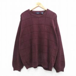 XL★古着 IZOD 長袖 セーター メンズ ワンポイントロゴ コットン クルーネック エンジ チェック 25sep27 中古 ニット トップス
