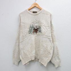 【50%OFF】90s 長袖セーター シカ刺繍 ベージュ XL | 古着