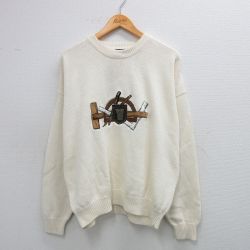 XL★古着 STRUCTURE 長袖 セーター メンズ 00年代 00s 鉛筆 定規 刺繍 クルーネック 白系 ホワイト 25sep27 中古 ニット トップス