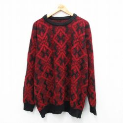 XL★古着 長袖 セーター メンズ 80年代 80s 総柄 アクリル クルーネック USA製 赤他 レッド 25sep27 中古 ニット トップス