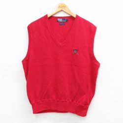 L★古着 ラルフローレン Ralph Lauren ブランド ニット ベスト メンズ 90年代 90s ワンポイントロゴ ゴルフ コットン Vネック 赤 レッド 【spe】 25sep27 中古 トップス