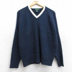 L★古着 ジェイクルー J.CREW 長袖 セーター メンズ 90年代 90s 無地ラグラン コットン Vネック 紺 ネイビー 【spe】 25sep27 中古 ニット トップス