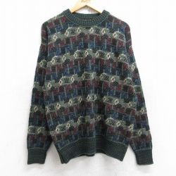 L★古着 長袖 セーター メンズ 90年代 90s 総柄 クルーネック USA製 濃緑他 グリーン 25sep27 中古 ニット トップス