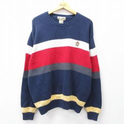 XL★古着 長袖 セーター メンズ コットン クルーネック 紺他 ネイビー 25sep29 中古 ニット トップス