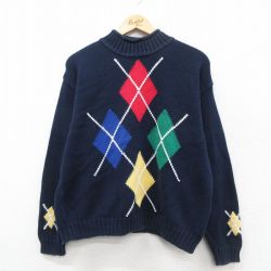 L★古着 Liz sport 長袖 セーター メンズ 90年代 90s アーガイル コットン モックネック ハイネック USA製 紺他 ネイビー 25sep29 中古 ニット トップス