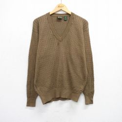 XL★古着 長袖 ケーブル セーター メンズ コットン Vネック 茶 ブラウン 25sep29 中古 ニット トップス