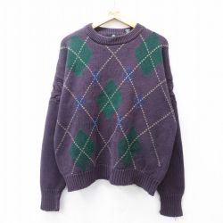 XL★古着 STRUCTURE 長袖 セーター メンズ アーガイル クルーネック 紫他 パープル 25sep29 中古 ニット トップス