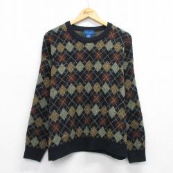 L★古着 タウンクラフト 長袖 セーター メンズ アーガイル アクリル クルーネック 黒他 ブラック 25sep30 中古 ニット トップス