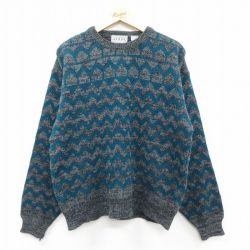 L★古着 長袖 セーター メンズ 90年代 90s 総柄 クルーネック 青緑他 25sep30 中古 ニット トップス
