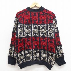 S★古着 長袖 セーター メンズ 総柄 ウール クルーネック 紺 ネイビー 25sep30 中古 ニット トップス