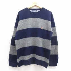 L★古着 トミーヒルフィガー TOMMY HILFIGER 長袖 ブランド セーター メンズ 90年代 90s ワンポイントロゴ シェットランドウール クルーネック 紺 ネイビー ボーダー 25sep30 中古 ニット トップス